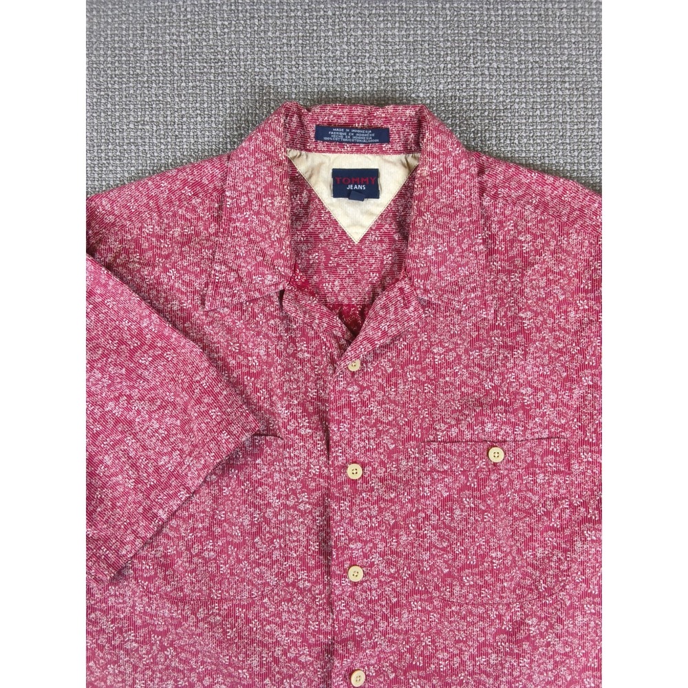 "Vintage Tommy Jeans Men's Sz L Red White Floral Hawaiian Short Sleeve